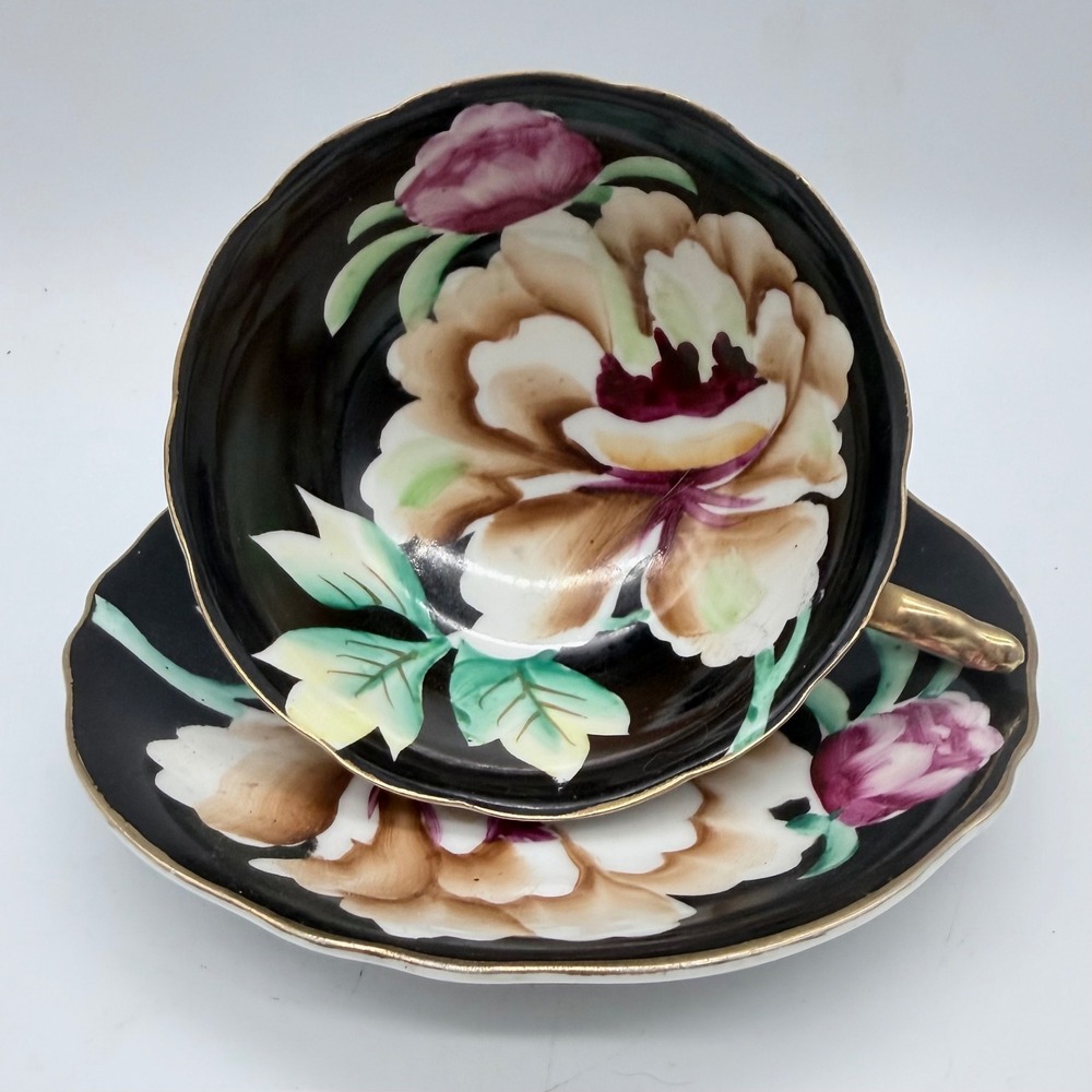 Orion China Teacup Saucer Set Occupied Japan Hand Painted Black Floral Peony